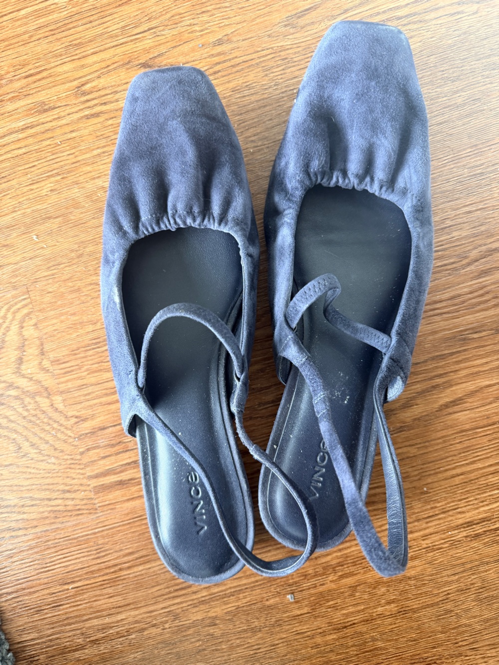 Vince Navy Suede Square-Toe Ballet Flats with Straps